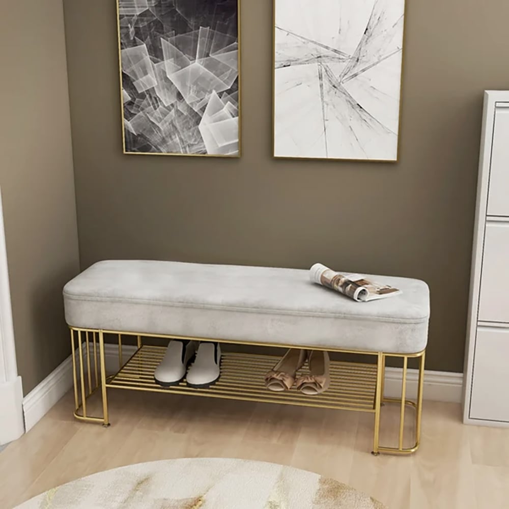 Modern Grey Hallway Bench with Shoe Storage Velvet Upholstered with Gold Frame and Shelf - 