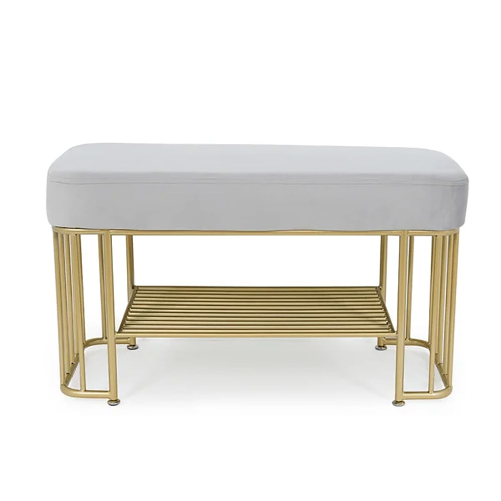 Modern Grey Hallway Bench with Shoe Storage Velvet Upholstered with Gold Frame and Shelf - 