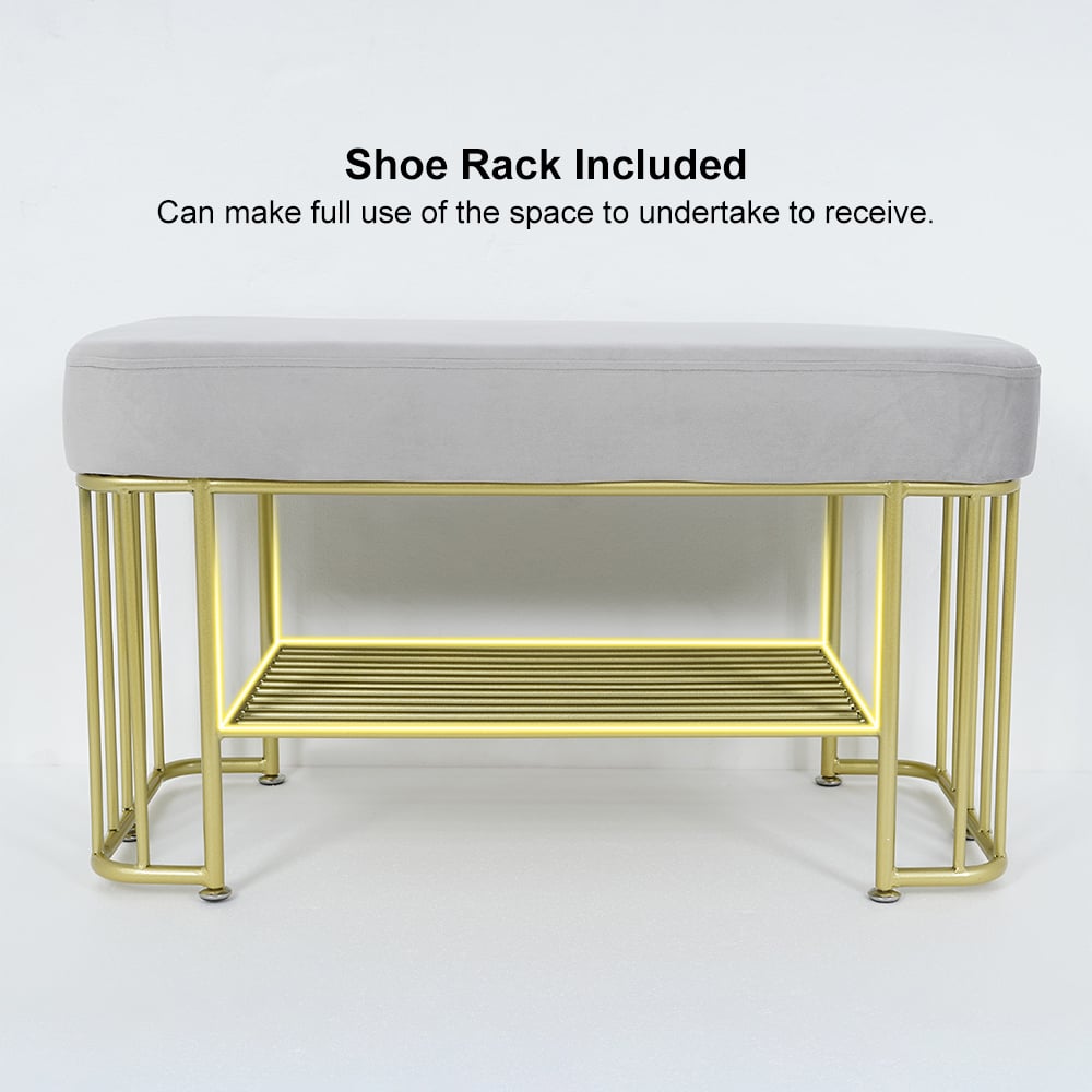 Modern Grey Hallway Bench with Shoe Storage Velvet Upholstered with Gold Frame and Shelf - 