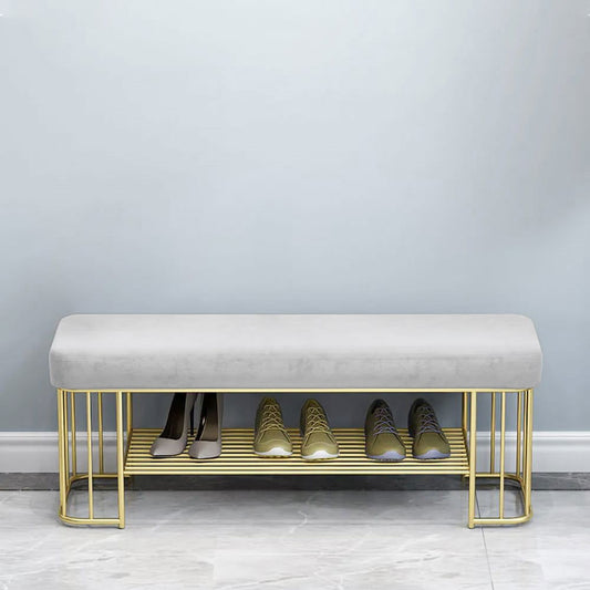 Modern Grey Hallway Bench with Shoe Storage Velvet Upholstered with Gold Frame and Shelf - Homary