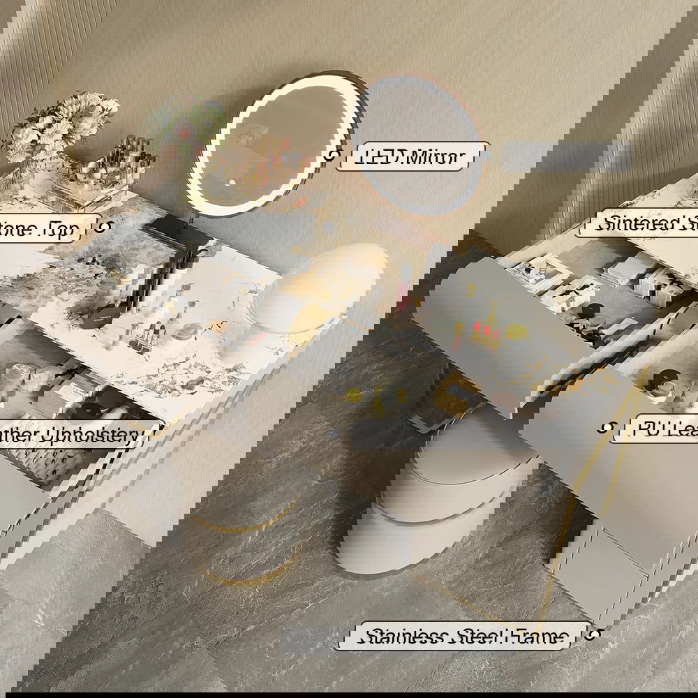 Modern Grey Makeup Vanity Set with Side Cabinet Dressing Table with Mirror & Stool - 