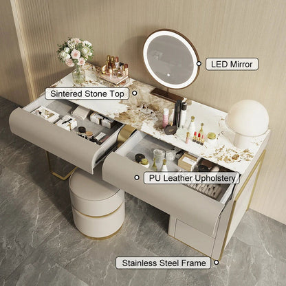 Modern Grey Makeup Vanity Set with Side Cabinet Dressing Table with Mirror & Stool - 