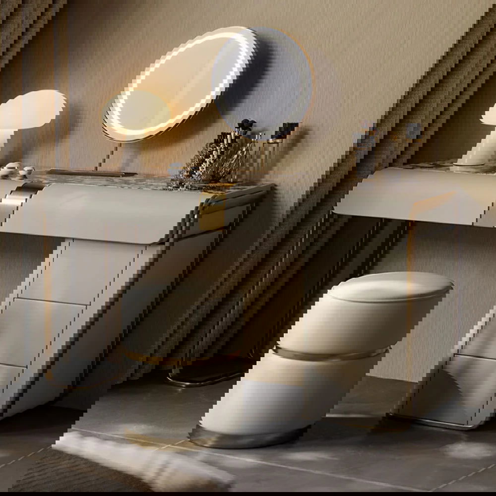 Modern Grey Makeup Vanity Set with Side Cabinet Dressing Table with Mirror & Stool - 