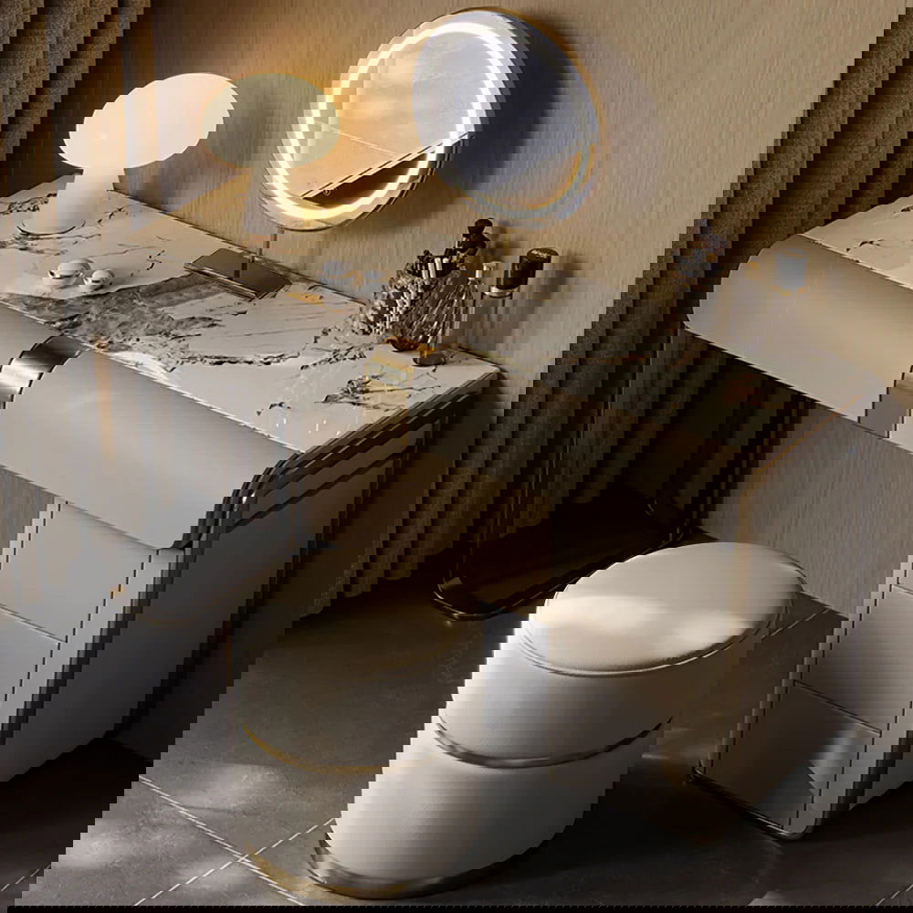 Modern Grey Makeup Vanity Set with Side Cabinet Dressing Table with Mirror & Stool - 