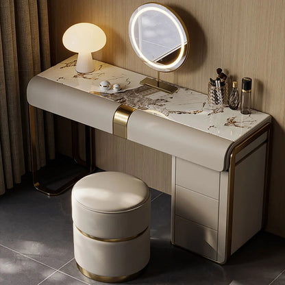 Modern Grey Makeup Vanity Set with Side Cabinet Dressing Table with Mirror & Stool - 