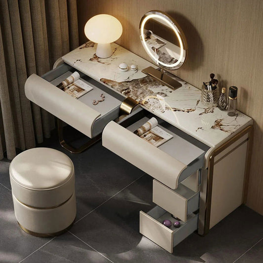 Modern Grey Makeup Vanity Set with Side Cabinet Dressing Table with Mirror & Stool - Homary