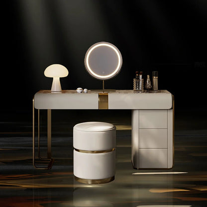 Modern Grey Makeup Vanity Set with Side Cabinet Dressing Table with Mirror & Stool - Homary