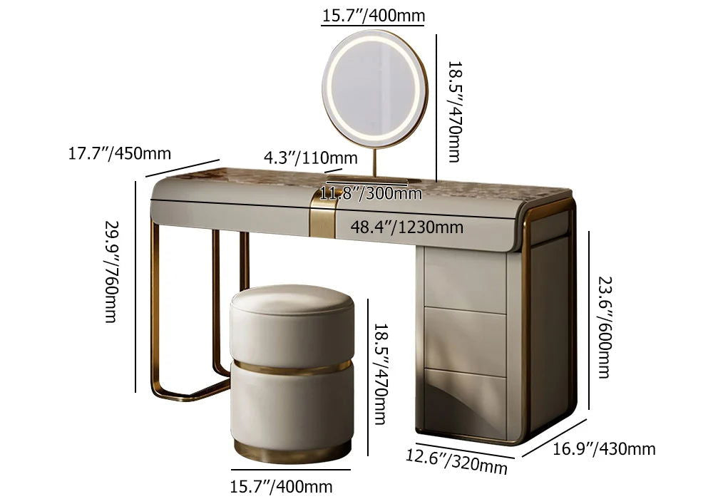 Modern Grey Makeup Vanity Set with Side Cabinet Dressing Table with Mirror & Stool - Homary