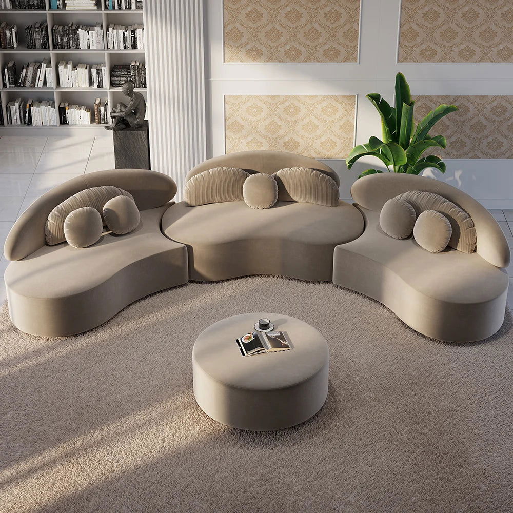 Modern Khaki 4 Pieces Curved Sectional Modular Sofa Velvet Upholstered with Ottoman - 