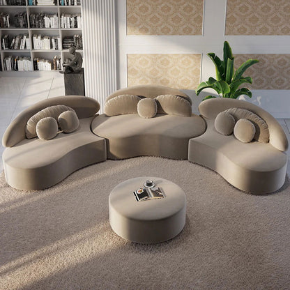 Modern Khaki 4 Pieces Curved Sectional Modular Sofa Velvet Upholstered with Ottoman - 