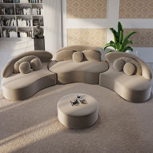 Modern Khaki 4 Pieces Curved Sectional Modular Sofa Velvet Upholstered with Ottoman - 