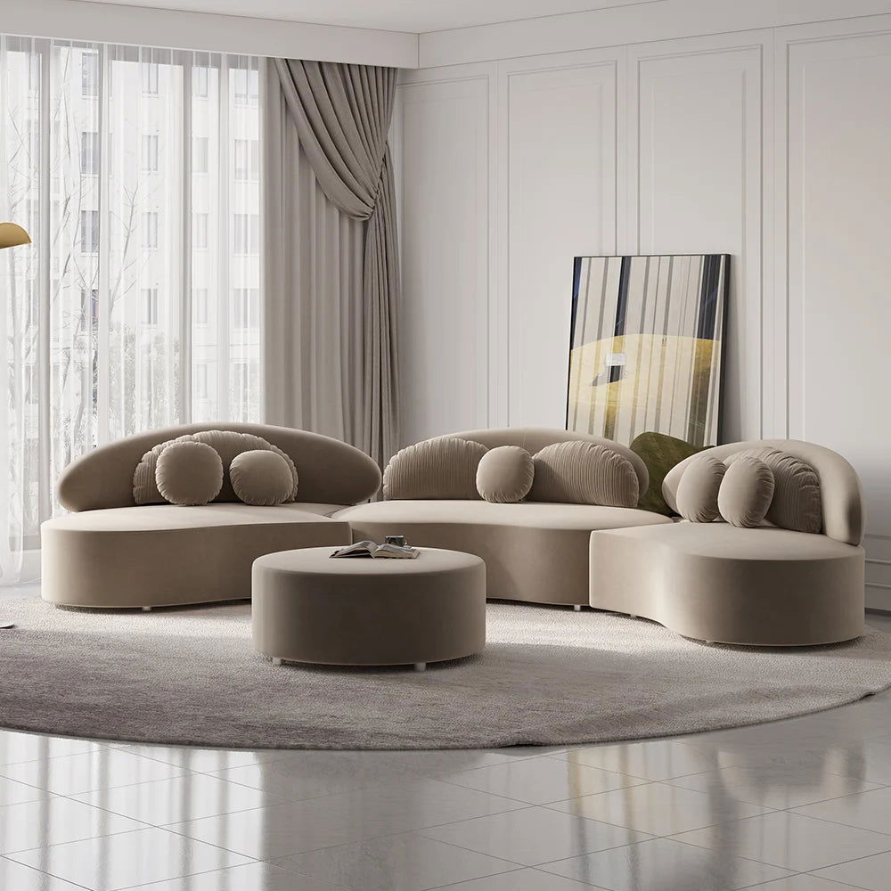 Modern Khaki 4 Pieces Curved Sectional Modular Sofa Velvet Upholstered with Ottoman - 