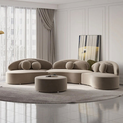 Modern Khaki 4 Pieces Curved Sectional Modular Sofa Velvet Upholstered with Ottoman - 