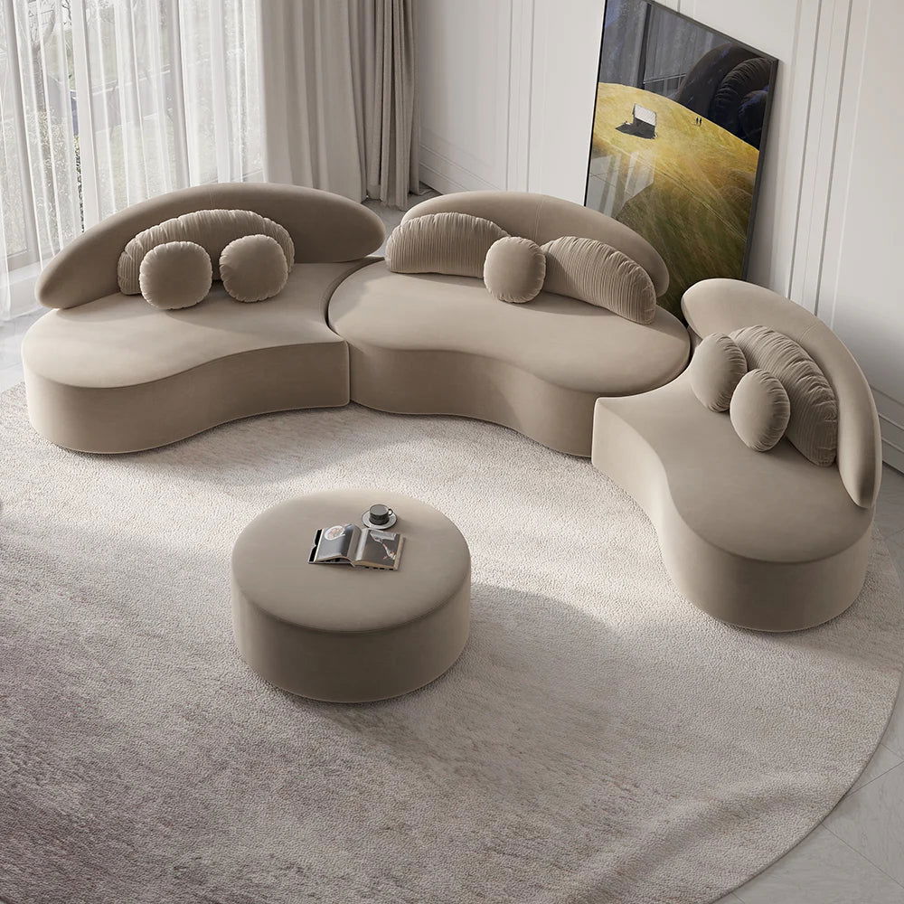 Modern Khaki 4 Pieces Curved Sectional Modular Sofa Velvet Upholstered with Ottoman - 