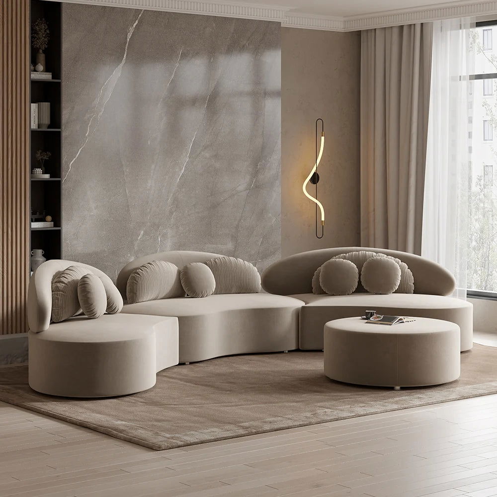 Modern Khaki 4 Pieces Curved Sectional Modular Sofa Velvet Upholstered with Ottoman - 