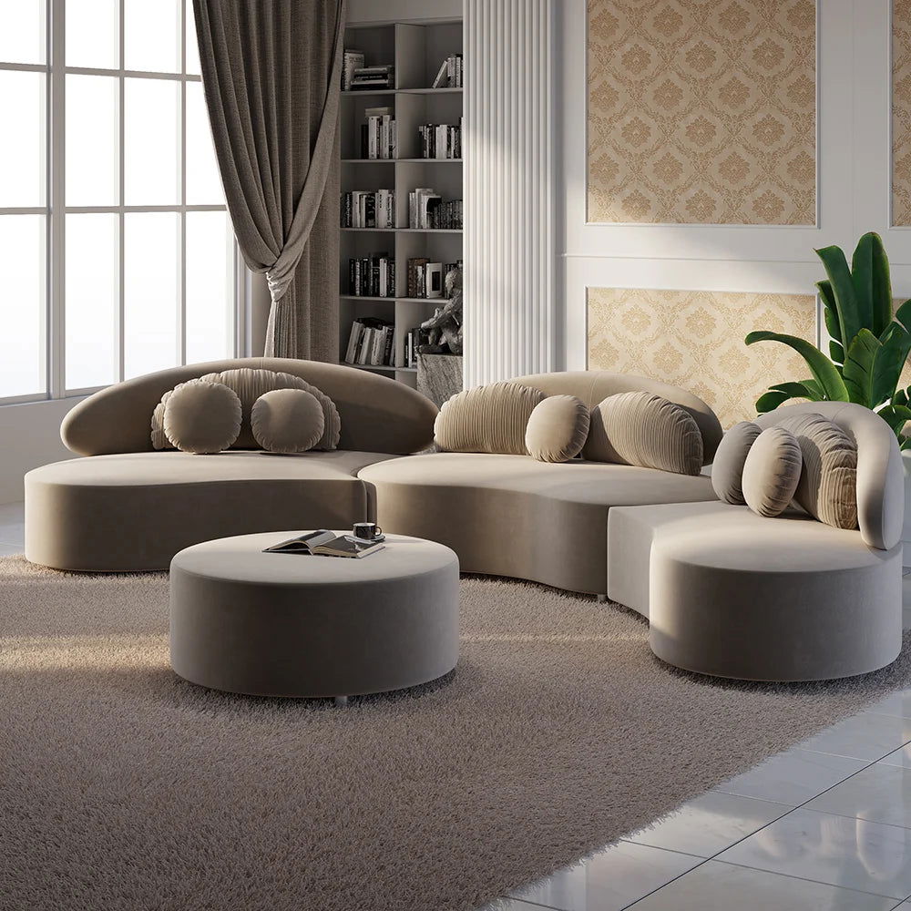 Modern Khaki 4 Pieces Curved Sectional Modular Sofa Velvet Upholstered with Ottoman - 