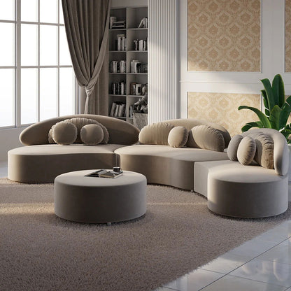 Modern Khaki 4 Pieces Curved Sectional Modular Sofa Velvet Upholstered with Ottoman - 