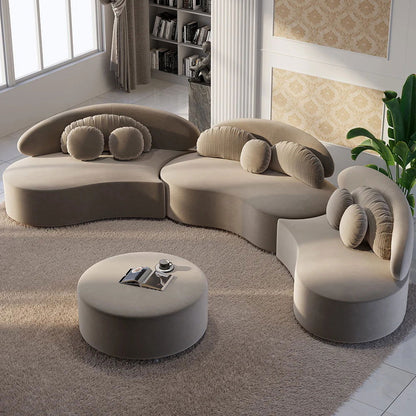 Modern Khaki 4 Pieces Curved Sectional Modular Sofa Velvet Upholstered with Ottoman - Homary