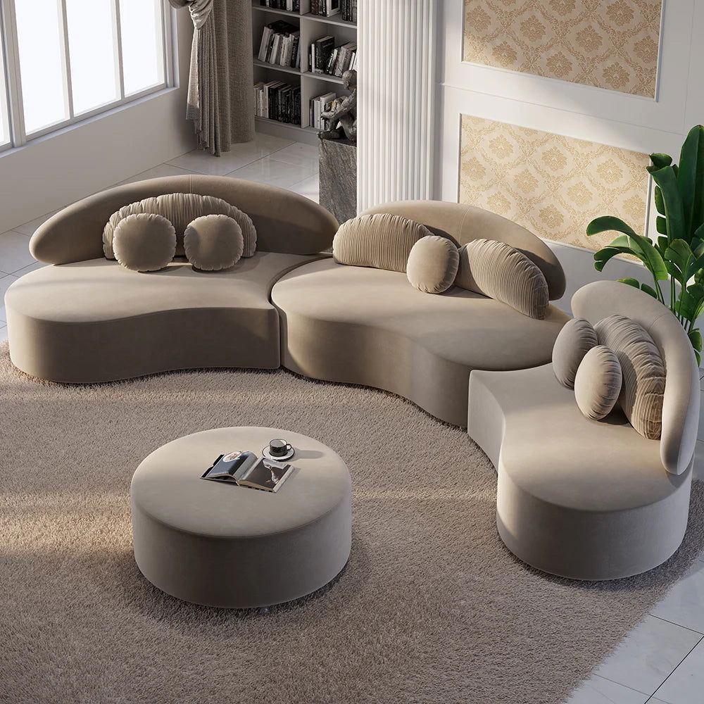 Modern Khaki 4 Pieces Curved Sectional Modular Sofa Velvet Upholstered with Ottoman - Homary