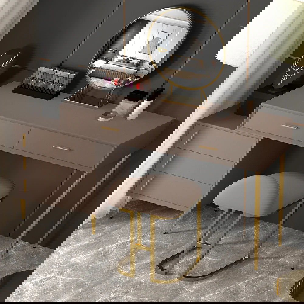 Modern Khaki Makeup Vanity Set Retracted Dressing Table Cabinet&Stool&Mirror Included - 