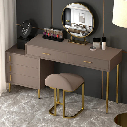 Modern Khaki Makeup Vanity Set Retracted Dressing Table Cabinet&Stool&Mirror Included - 