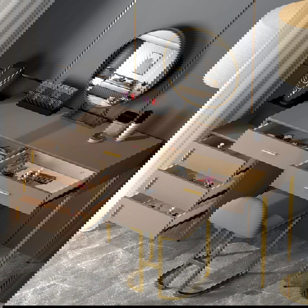 Modern Khaki Makeup Vanity Set Retracted Dressing Table Cabinet&Stool&Mirror Included - 