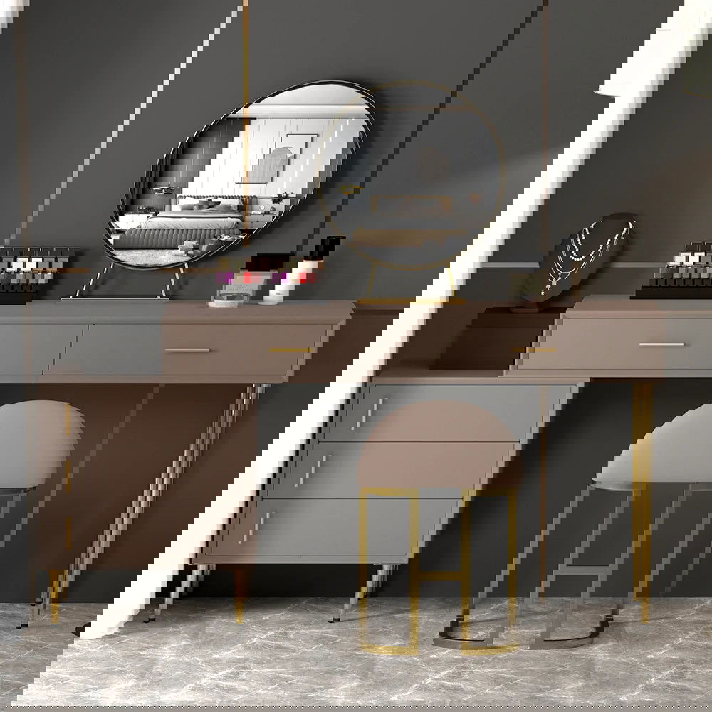 Modern Khaki Makeup Vanity Set Retracted Dressing Table Cabinet&Stool&Mirror Included - 