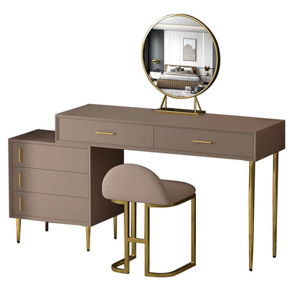 Modern Khaki Makeup Vanity Set Retracted Dressing Table Cabinet&Stool&Mirror Included - 