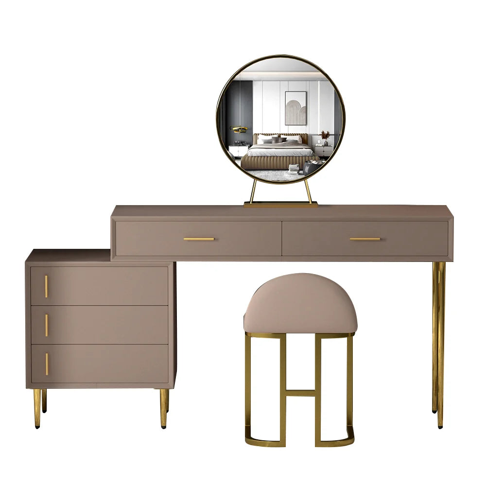 Modern Khaki Makeup Vanity Set Retracted Dressing Table Cabinet&Stool&Mirror Included - 