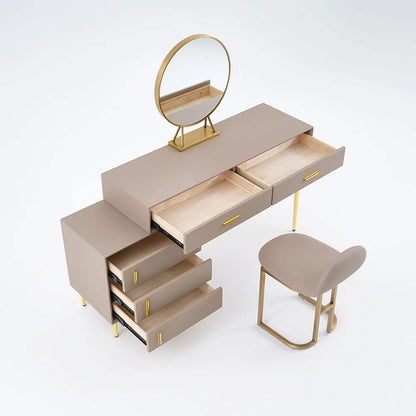 Modern Khaki Makeup Vanity Set Retracted Dressing Table Cabinet&Stool&Mirror Included - 