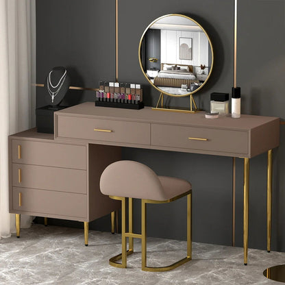 Modern Khaki Makeup Vanity Set Retracted Dressing Table Cabinet&Stool&Mirror Included - Homary