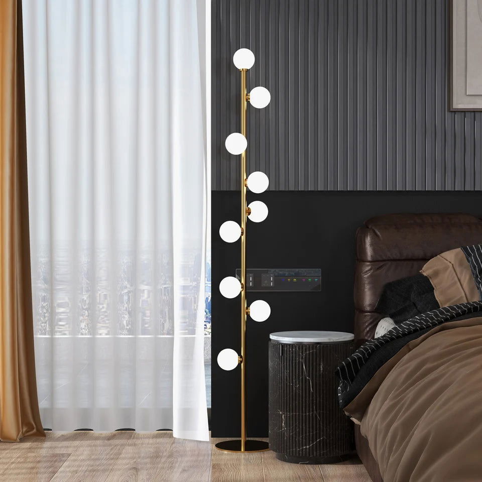 Modern LED Gold 9-Light Tree Floor Lamp White Glass Globe - 
