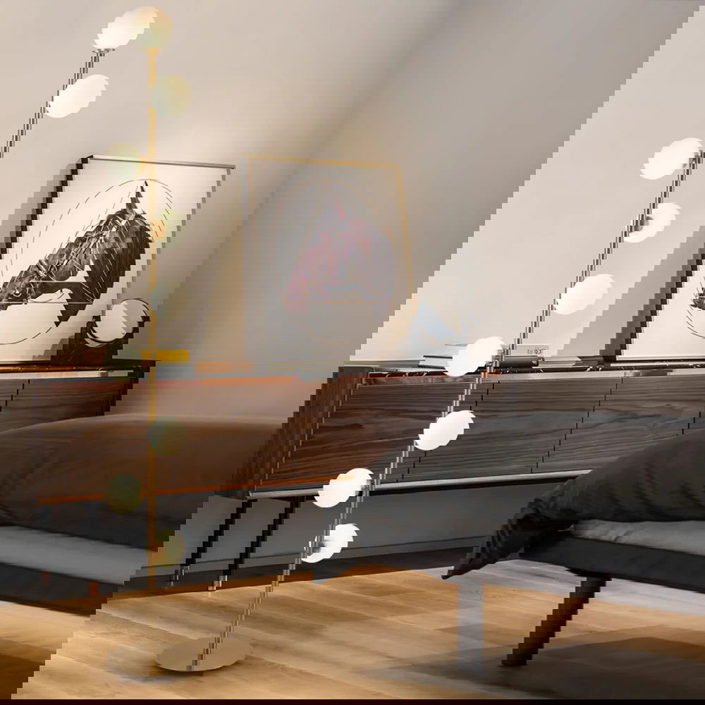 Modern LED Gold 9-Light Tree Floor Lamp White Glass Globe - 