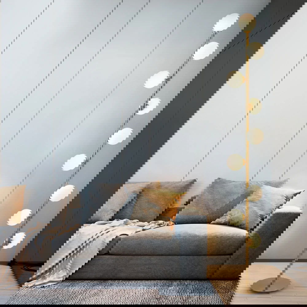 Modern LED Gold 9-Light Tree Floor Lamp White Glass Globe - 