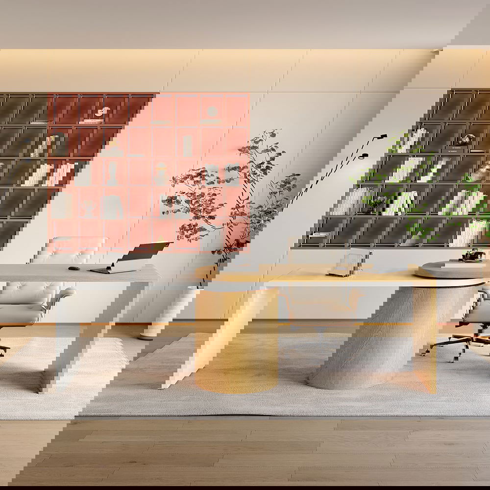 Modern L Shaped Desk in Natural & White with Cabinet & 2 Drawers Executive Office Desk - 