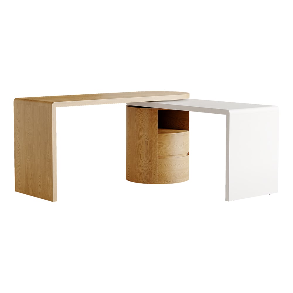 Modern L Shaped Desk in Natural & White with Cabinet & 2 Drawers Executive Office Desk - 