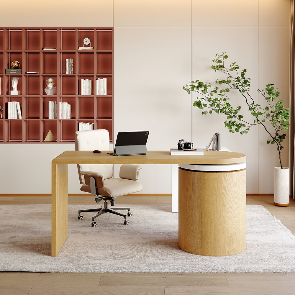 Modern L Shaped Desk in Natural & White with Cabinet & 2 Drawers Executive Office Desk - Homary