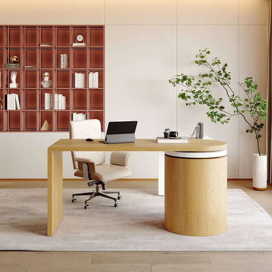 Modern L Shaped Desk in Natural & White with Cabinet & 2 Drawers Executive Office Desk - Homary