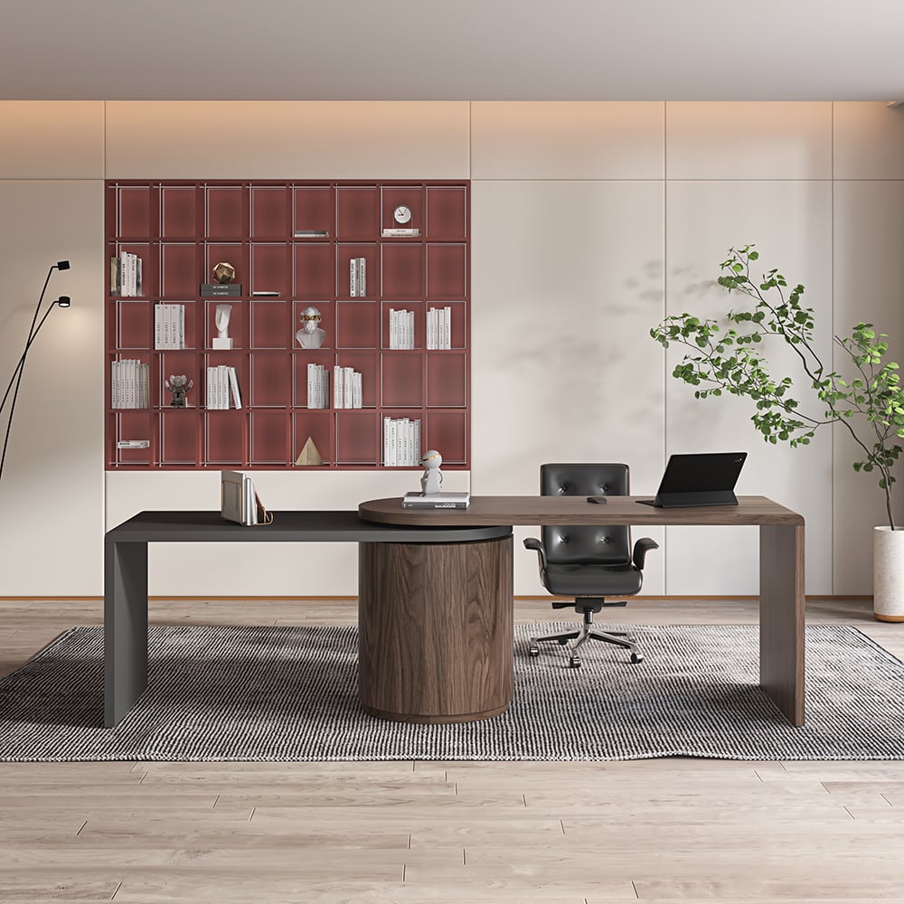 Modern L Shaped Desk in Walnut with 1 Cabinet & 2 Drawers 1520mm Executive Office Desk - 