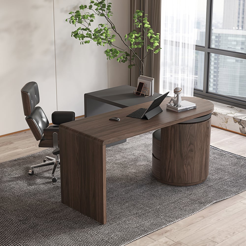 Modern L Shaped Desk in Walnut with 1 Cabinet & 2 Drawers 1520mm Executive Office Desk - 