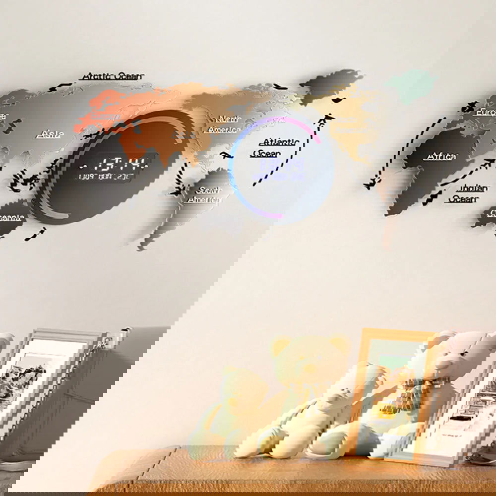 Modern Large Multifunctional World Map Wall Clock Decor With LED Digital Display Screen - 