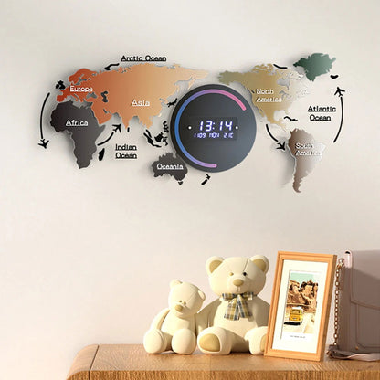 Modern Large Multifunctional World Map Wall Clock Decor With LED Digital Display Screen - 