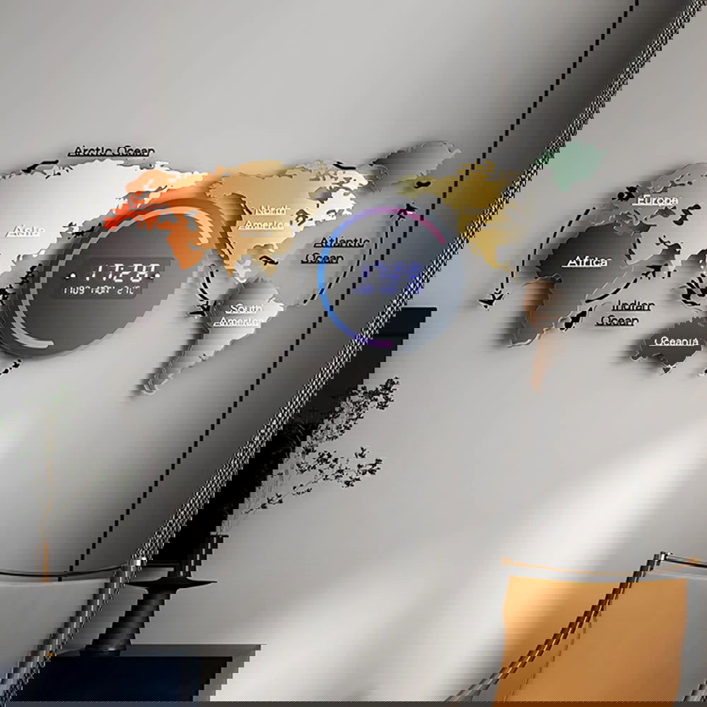 Modern Large Multifunctional World Map Wall Clock Decor With LED Digital Display Screen - 