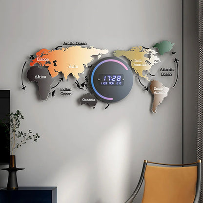 Modern Large Multifunctional World Map Wall Clock Decor With LED Digital Display Screen - 