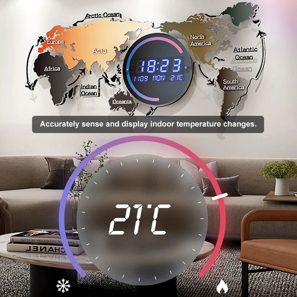 Modern Large Multifunctional World Map Wall Clock Decor With LED Digital Display Screen - 