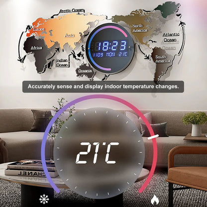 Modern Large Multifunctional World Map Wall Clock Decor With LED Digital Display Screen - 
