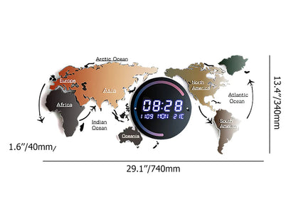 Modern Large Multifunctional World Map Wall Clock Decor With LED Digital Display Screen - 