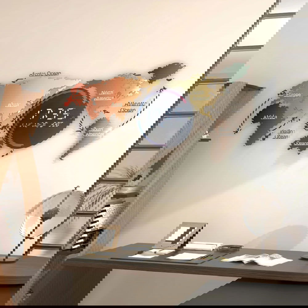 Modern Large Multifunctional World Map Wall Clock Decor With LED Digital Display Screen - 