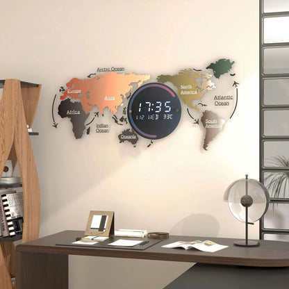 Modern Large Multifunctional World Map Wall Clock Decor With LED Digital Display Screen - 
