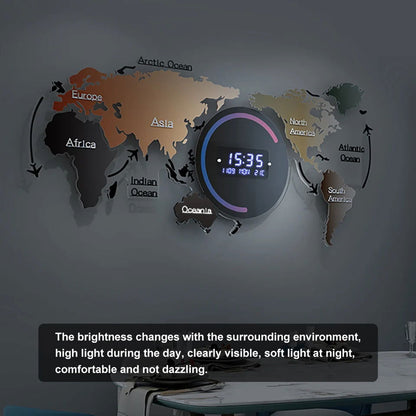 Modern Large Multifunctional World Map Wall Clock Decor With LED Digital Display Screen - 